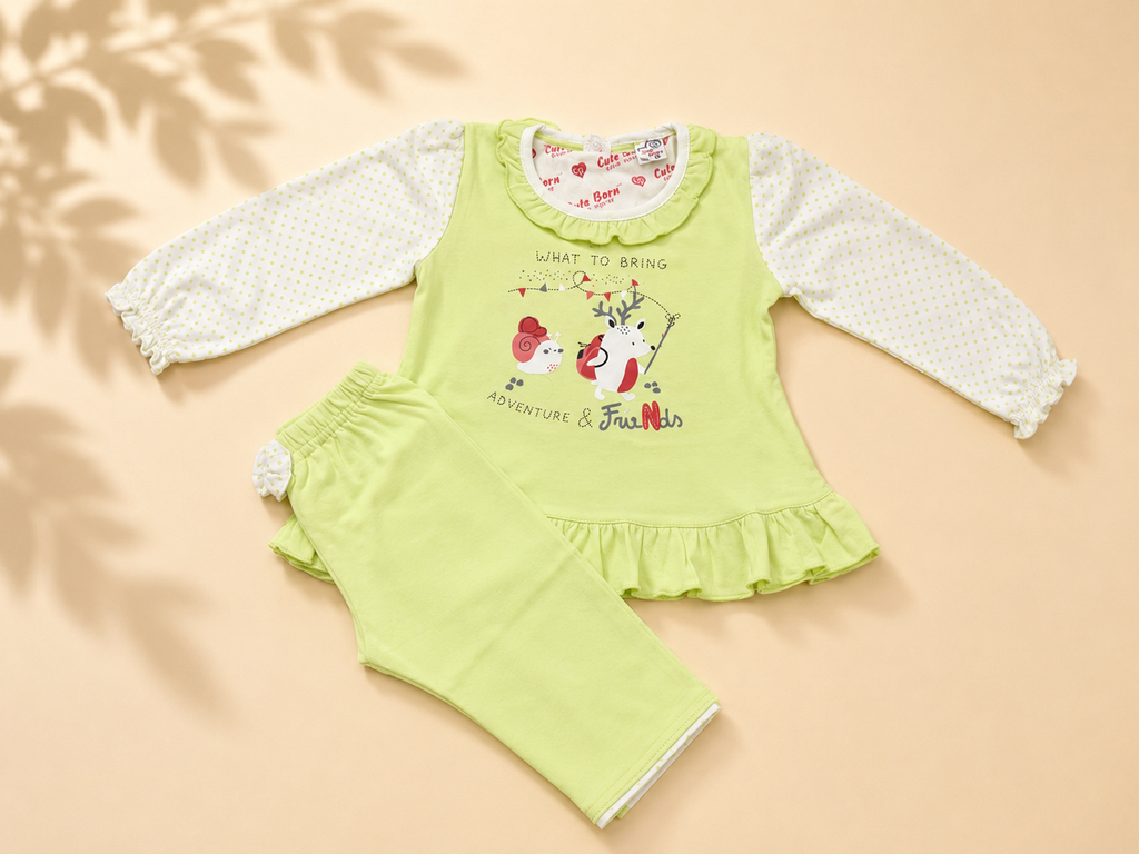 Baby Girls Lime Green Adventure & Friends Outfit Set | Soft Cotton 2-Piece Set