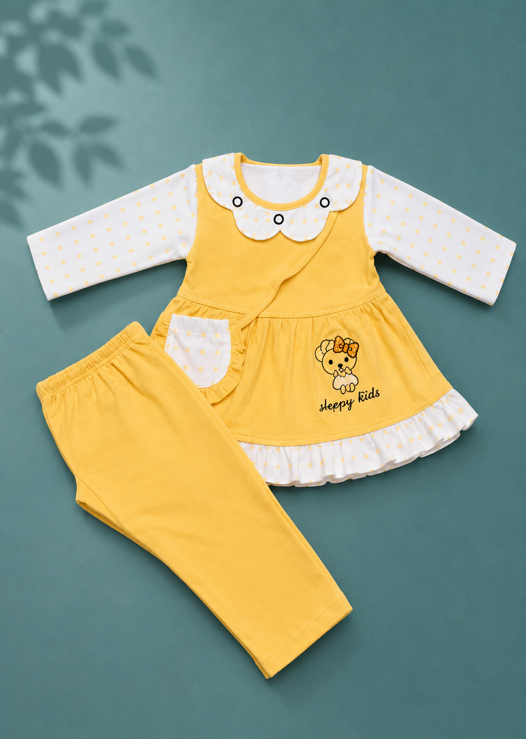 Baby Girls Happy Bear Yellow Outfit Set | Cute 2‑Piece Cotton Clothing Set