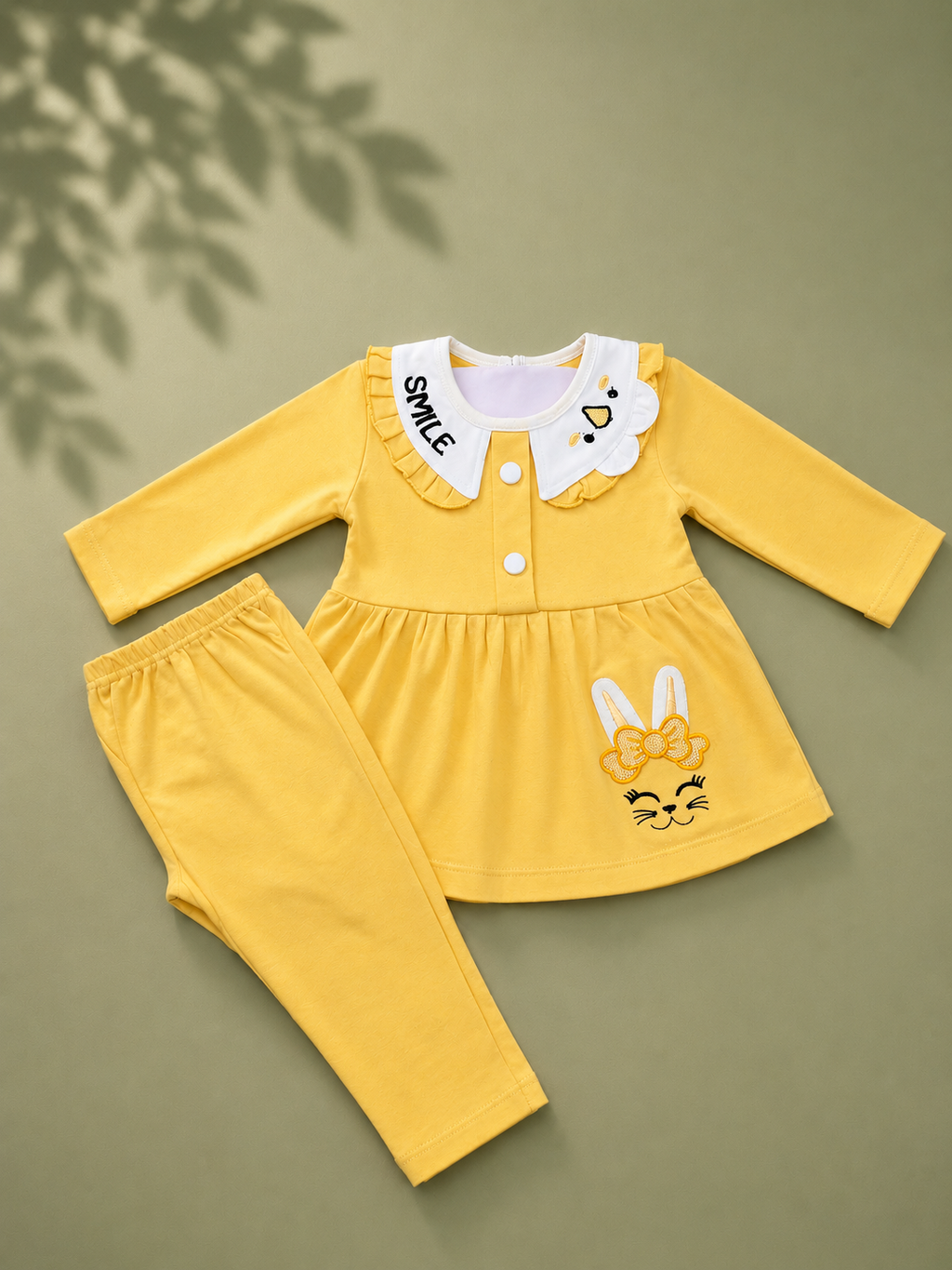 Baby Girls Bunny Smile Yellow Outfit Set | Cute 2‑Piece Cotton Clothing Set