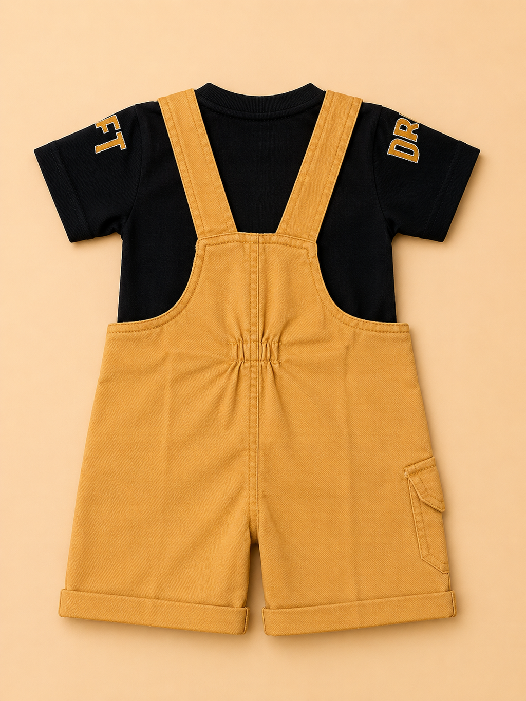 Kids Mustard Dungaree Shorts & Black Graphic Tee Co-Ord Set