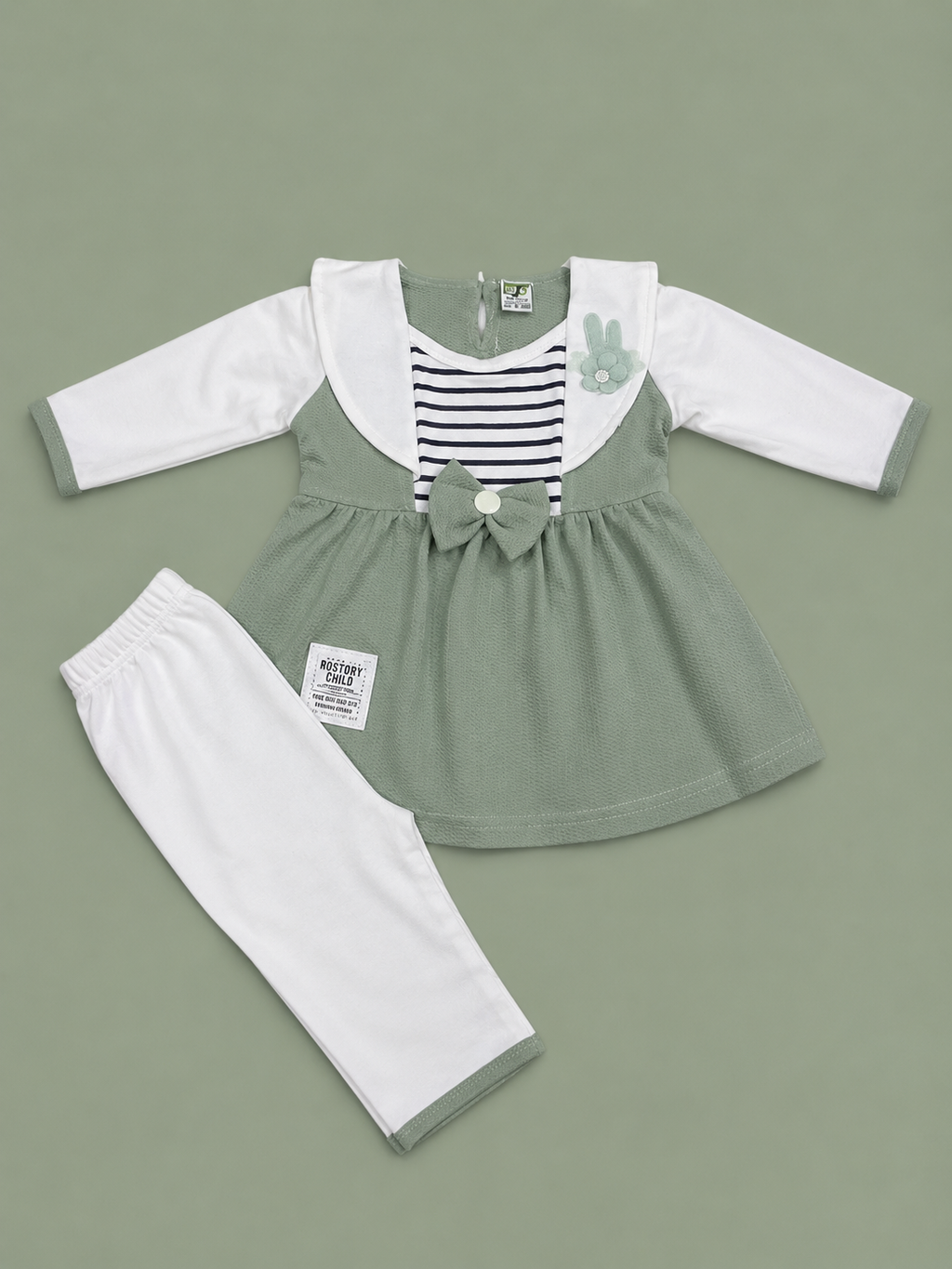 Baby Girls Bunny Bow Green Outfit Set | Cute 2‑Piece Cotton Clothing Set