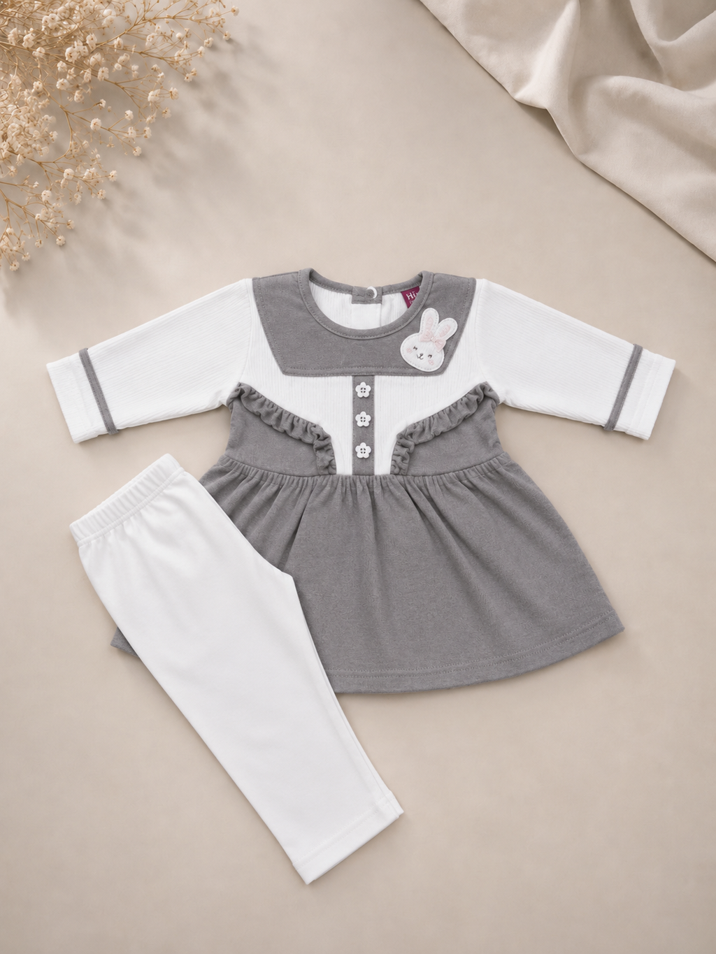 Baby Girls Bunny Bloom Gray & White Outfit Set | Cute 2‑Piece Cotton Clothing Set