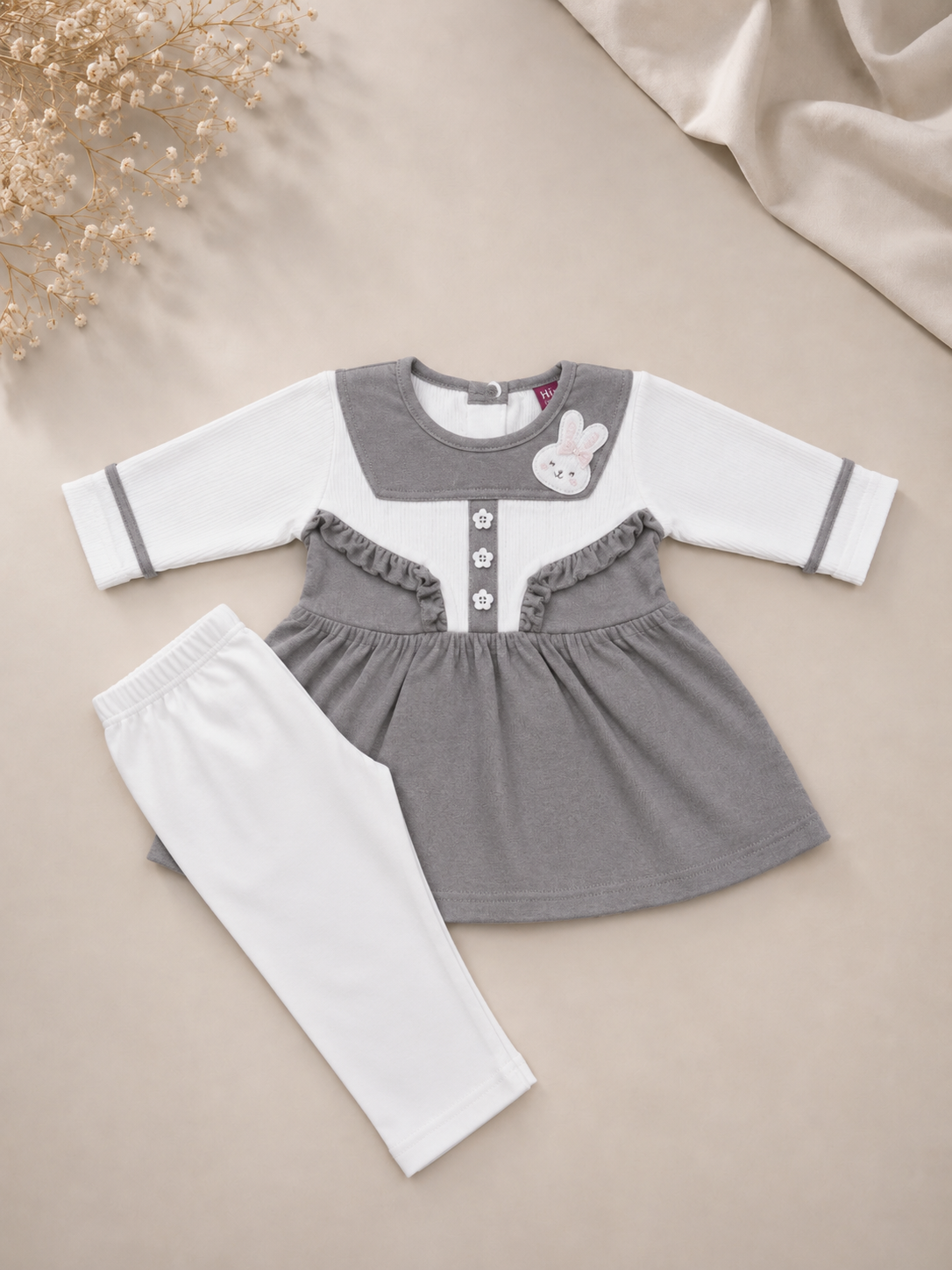 Baby Girls Bunny Bloom Gray & White Outfit Set | Cute 2‑Piece Cotton Clothing Set