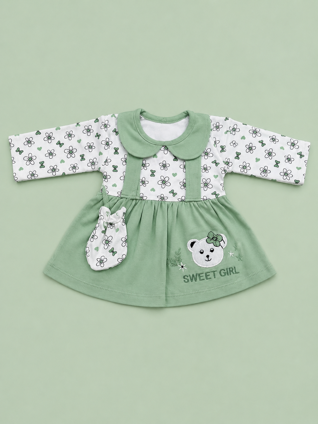 Baby Girls Sweet Bear Green Outfit Set | Cute 2‑Piece Cotton Clothing Set