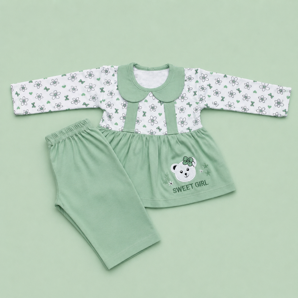 Baby Girls Sweet Bear Green Outfit Set | Cute 2‑Piece Cotton Clothing Set