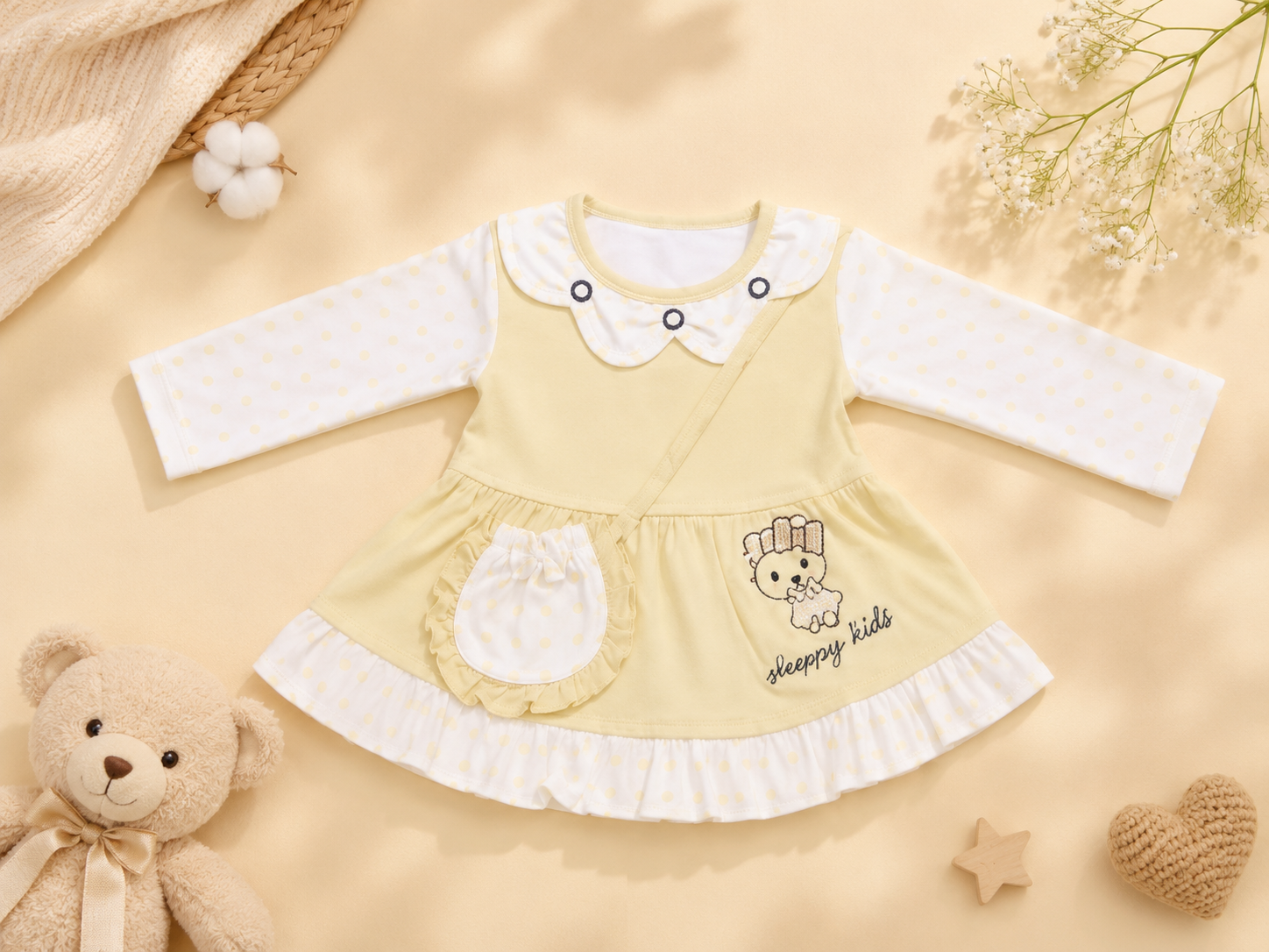 Baby Girls Happy Bear Yellow Outfit Set | Cute 2‑Piece Cotton Clothing Set