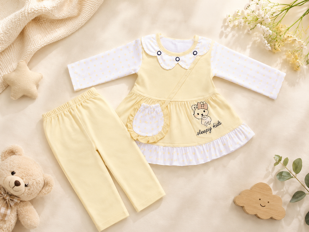 Baby Girls Happy Bear Yellow Outfit Set | Cute 2‑Piece Cotton Clothing Set