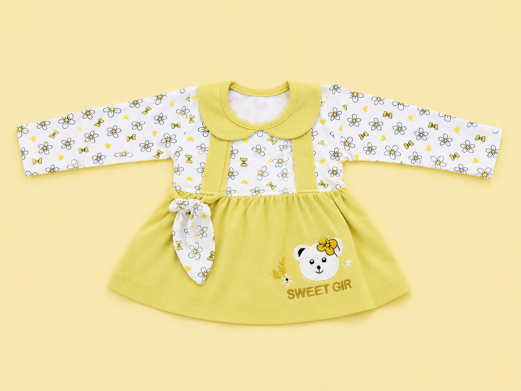 Baby Girls Sweet Bear Lemon Yellow Outfit Set | Cute 2‑Piece Cotton Clothing Set