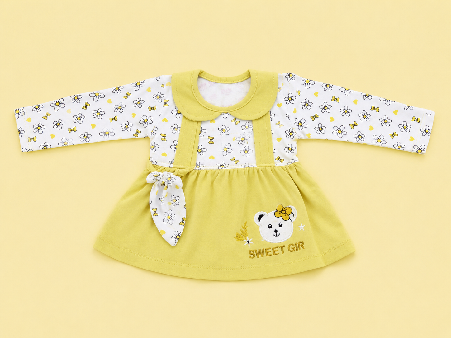 Baby Girls Sweet Bear Lemon Yellow Outfit Set | Cute 2‑Piece Cotton Clothing Set