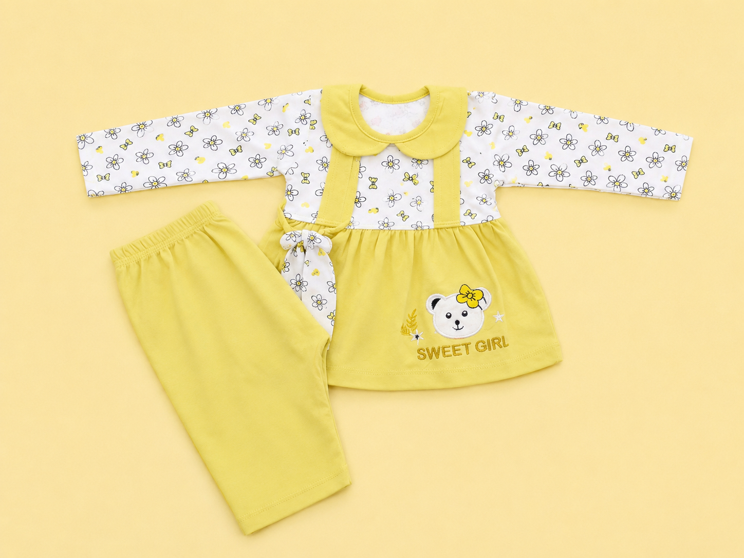 Baby Girls Sweet Bear Lemon Yellow Outfit Set | Cute 2‑Piece Cotton Clothing Set