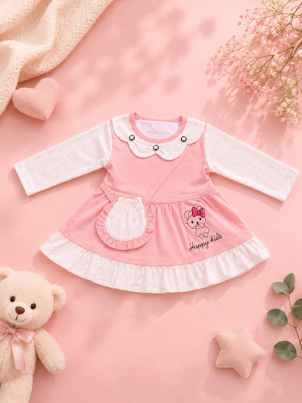 Baby Girls Happy Bear Pink Outfit Set | Cute 2‑Piece Cotton Clothing Set
