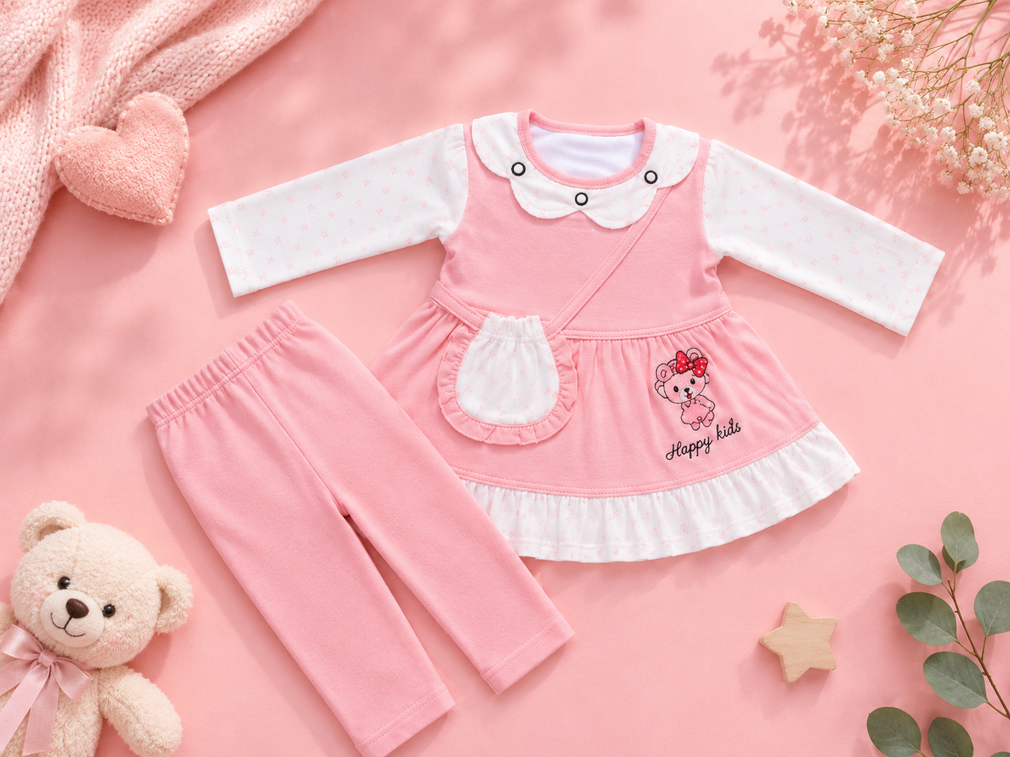 Baby Girls Happy Bear Pink Outfit Set | Cute 2‑Piece Cotton Clothing Set