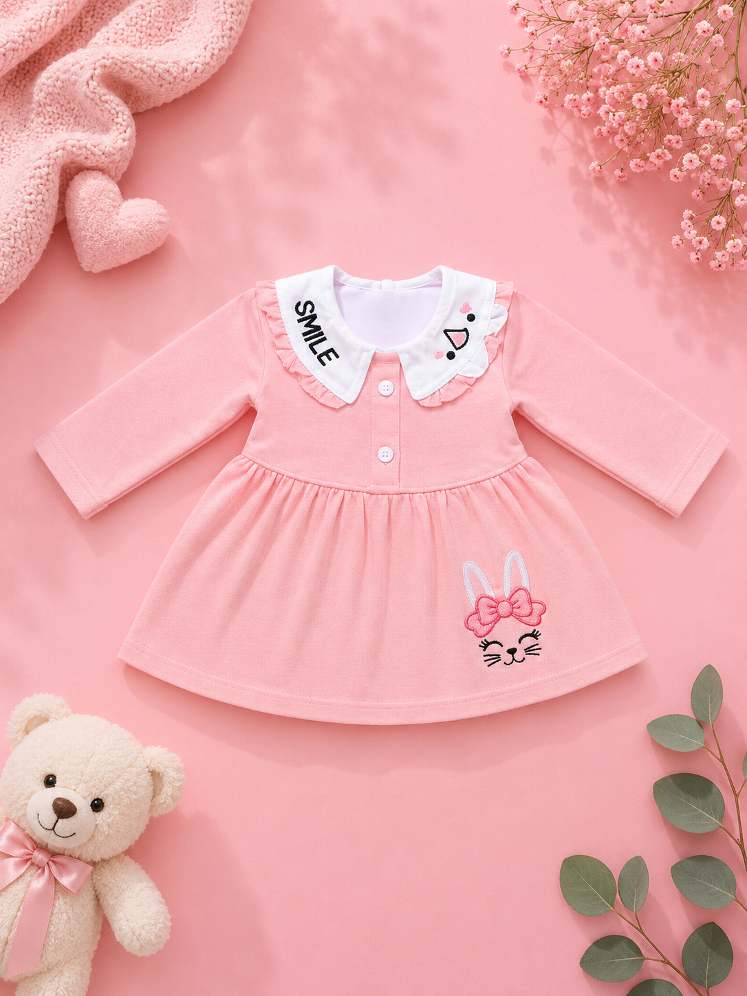 Baby Girls Bunny Smile Pink Outfit Set | Cute 2‑Piece Cotton Clothing Set