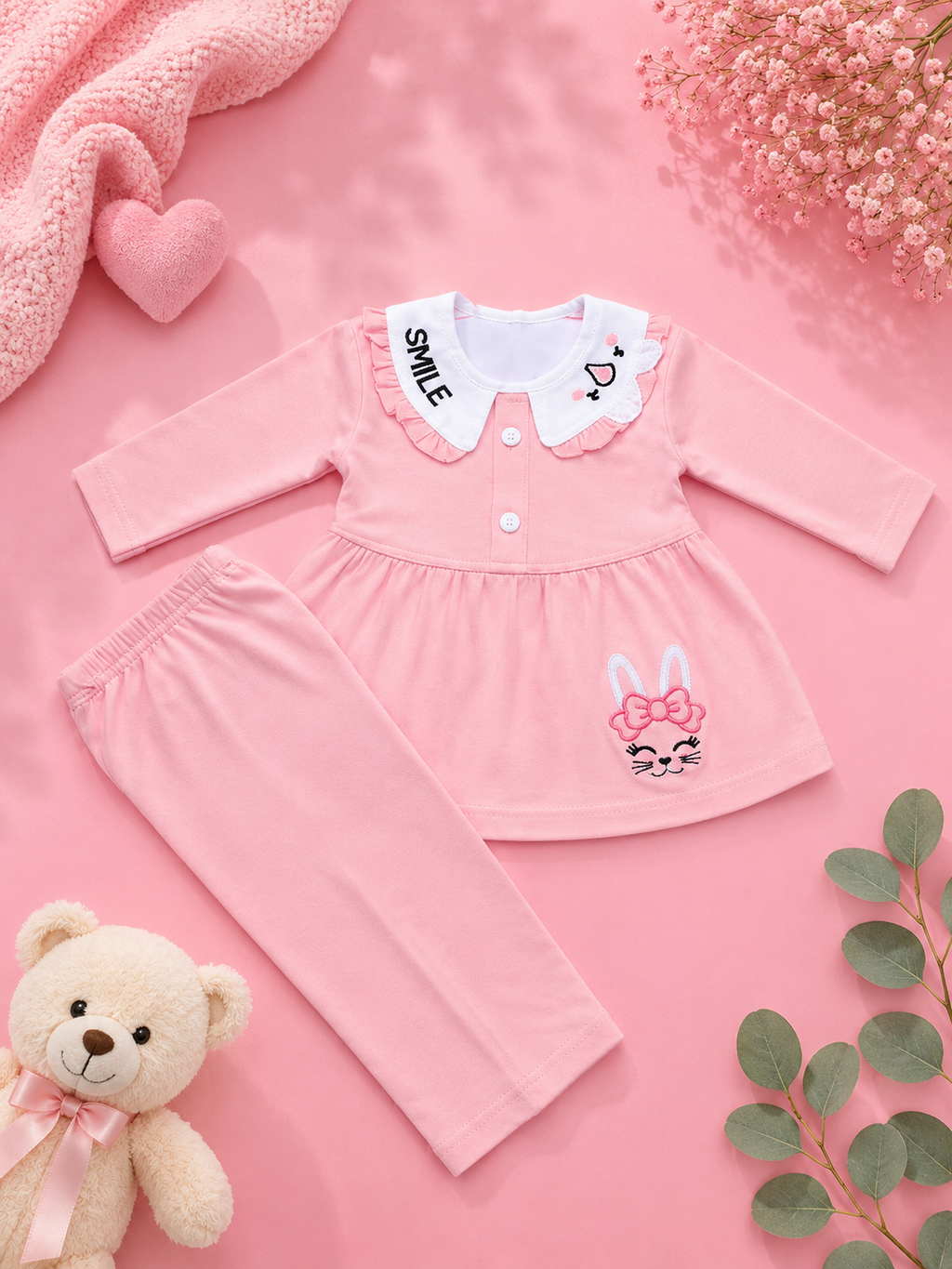 Baby Girls Bunny Smile Pink Outfit Set | Cute 2‑Piece Cotton Clothing Set