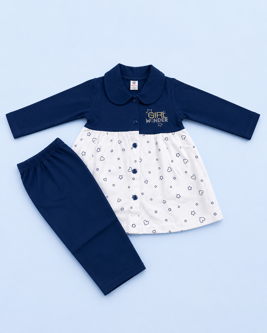 Baby Girls Full Sleeve Cotton Dress & Pant Set | Navy Blue