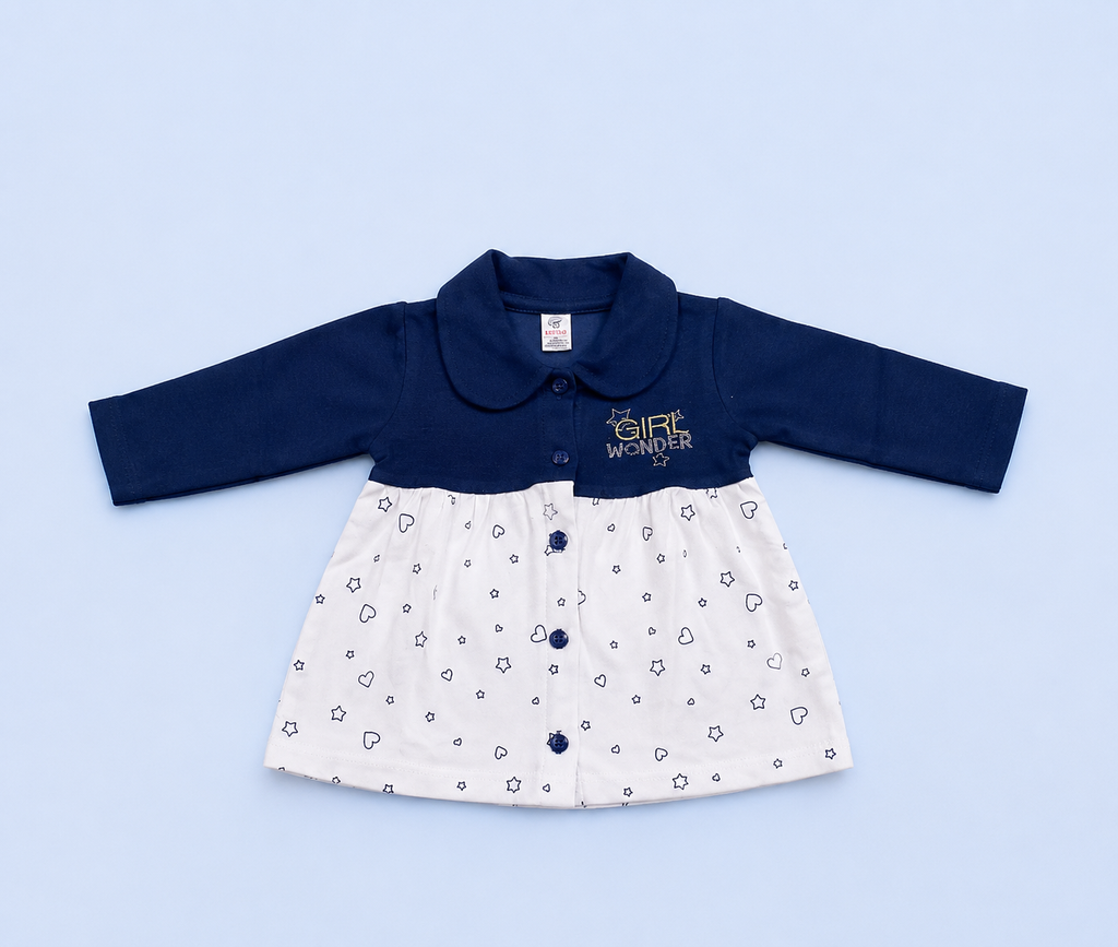 Baby Girls Full Sleeve Cotton Dress & Pant Set | Navy Blue