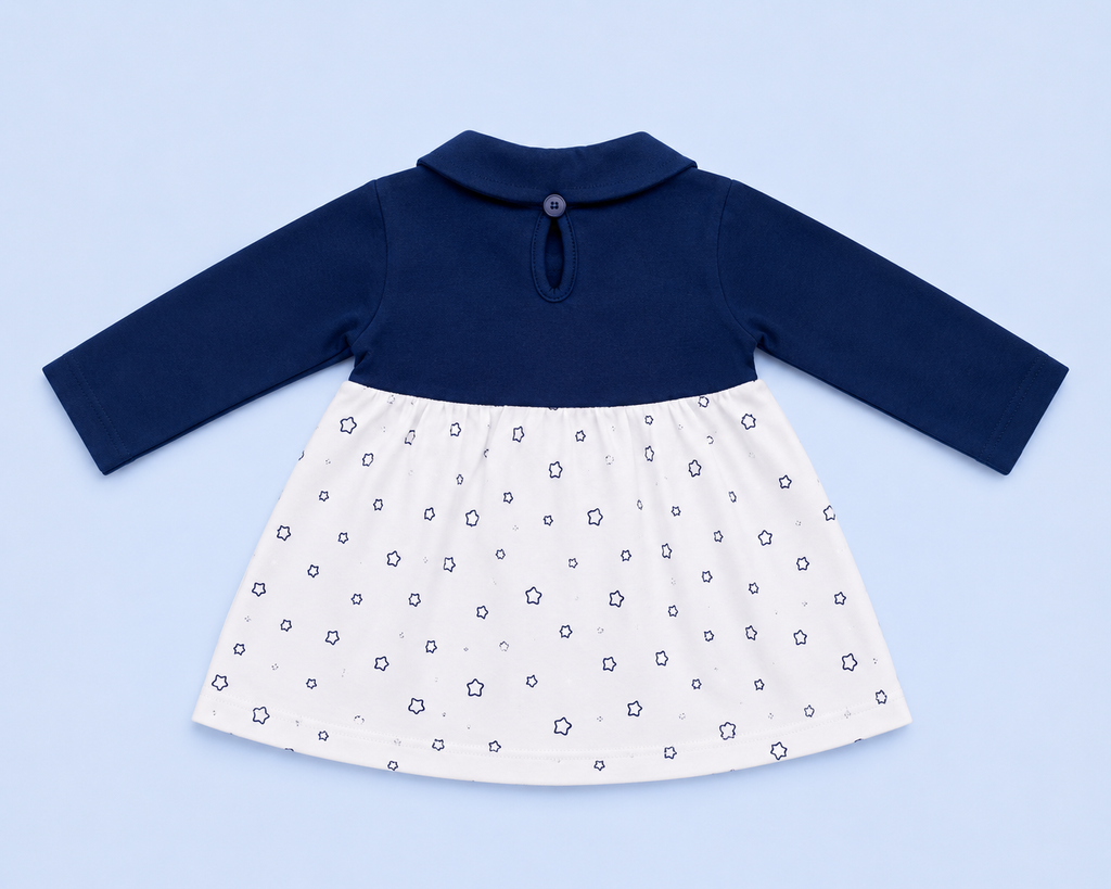 Baby Girls Full Sleeve Cotton Dress & Pant Set | Navy Blue