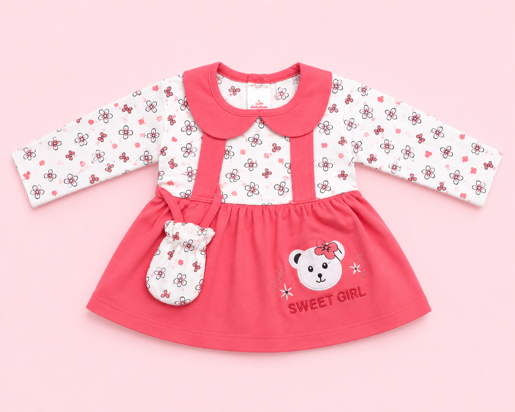 Baby Girls Pink Cotton Dress & Pant Set with Sling Bag | Full Sleeve