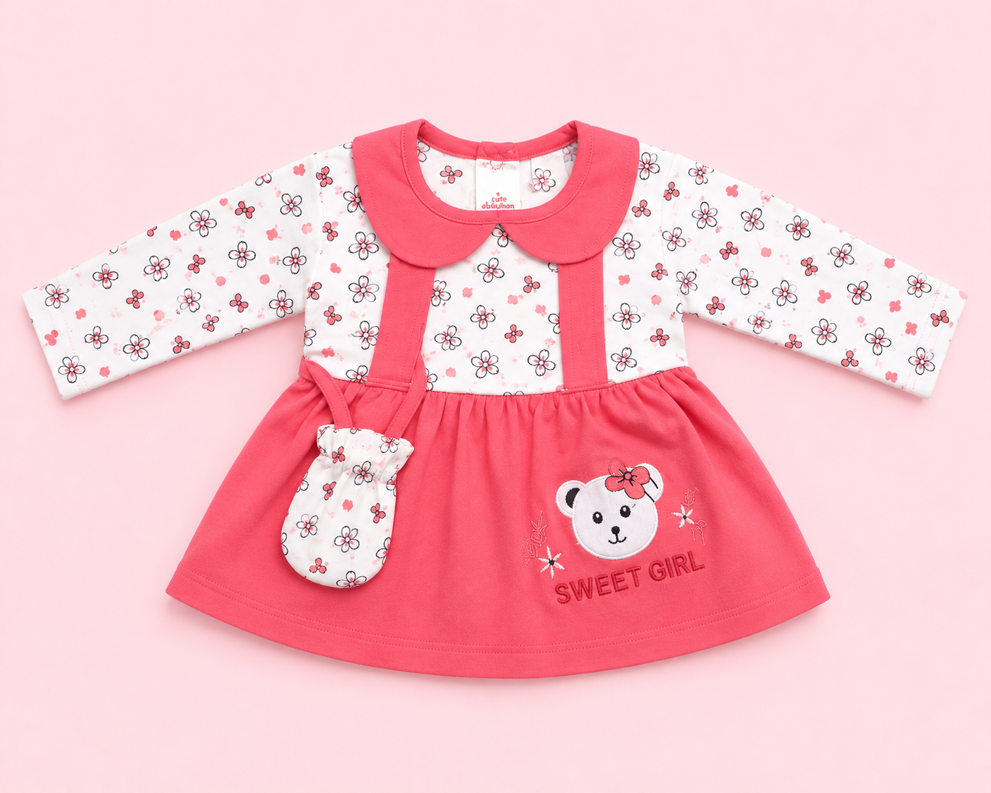 Baby Girls Pink Cotton Dress & Pant Set with Sling Bag | Full Sleeve