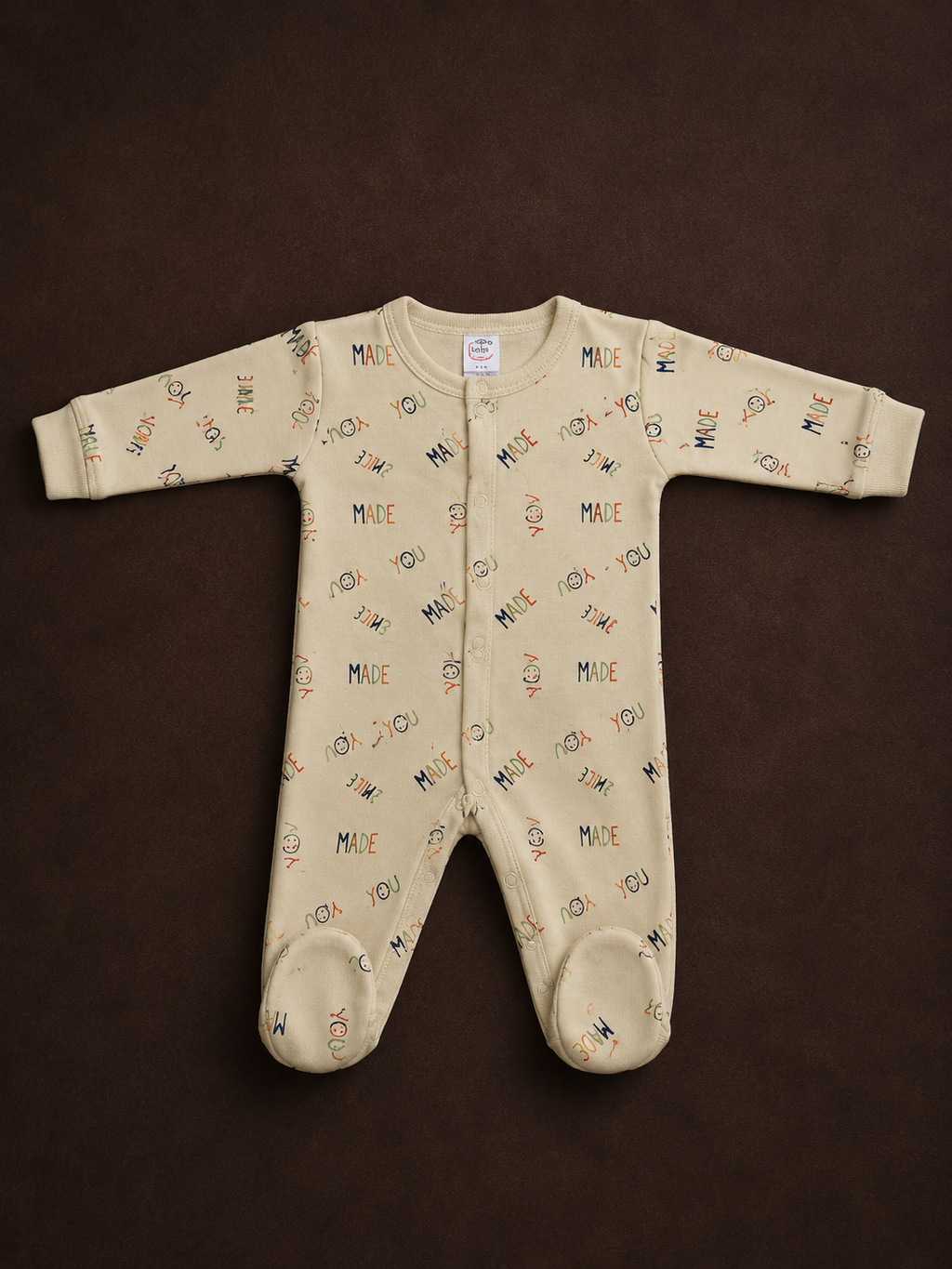 Baby Cotton Full Sleeve Footed Romper | Cream "Made for You" Print