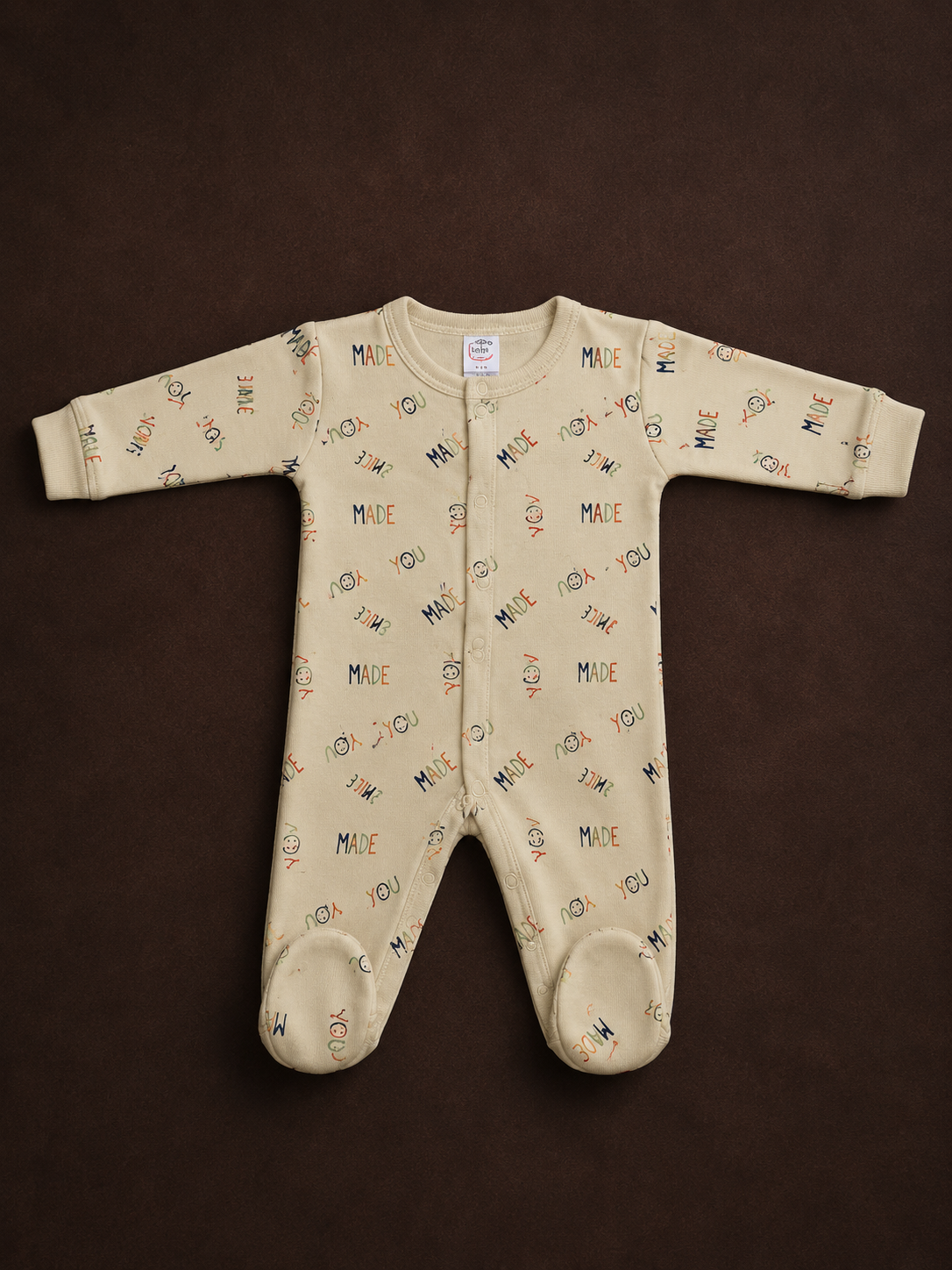 Baby Cotton Full Sleeve Footed Romper | Cream "Made for You" Print