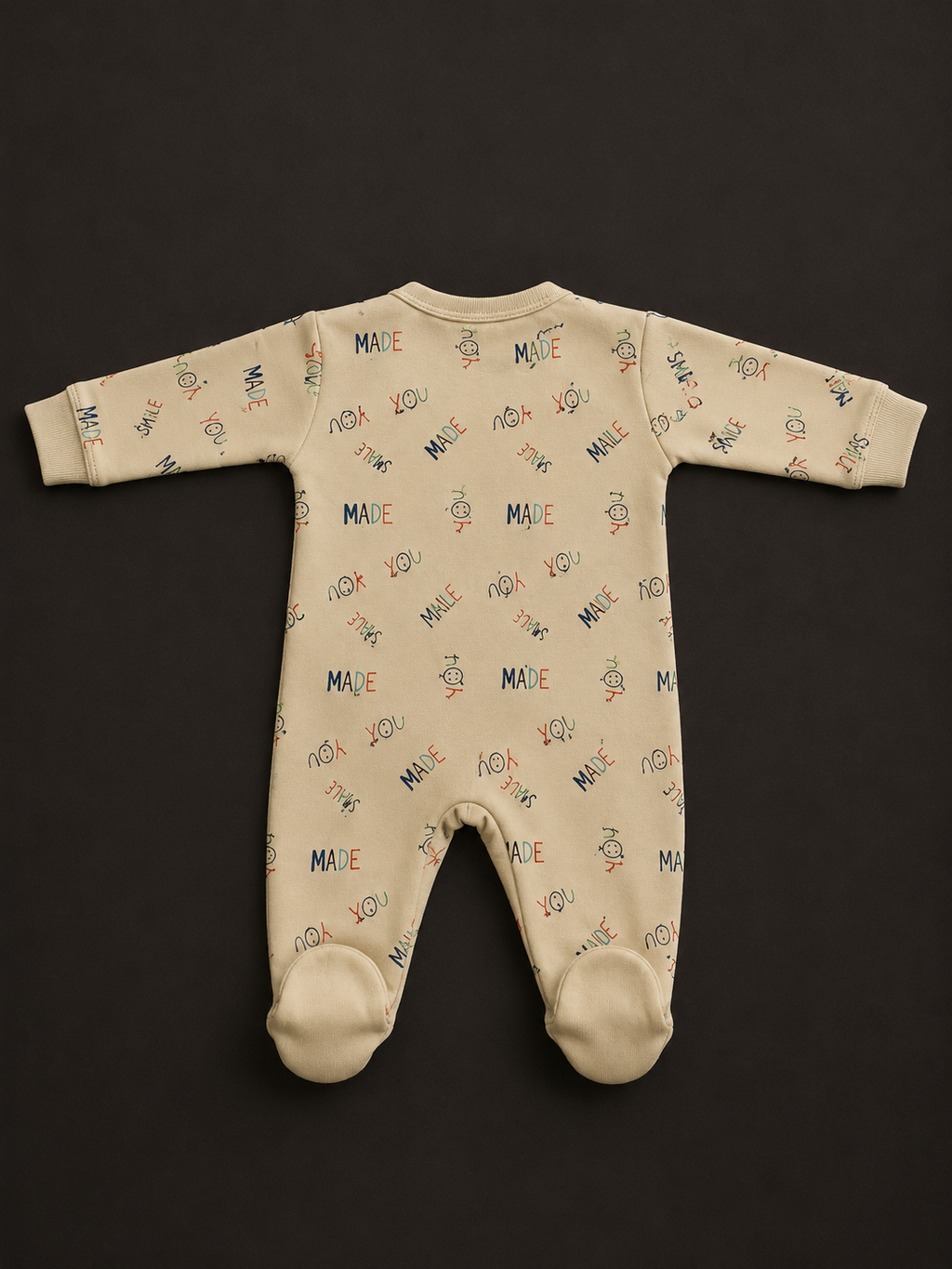 Baby Cotton Full Sleeve Footed Romper | Cream "Made for You" Print