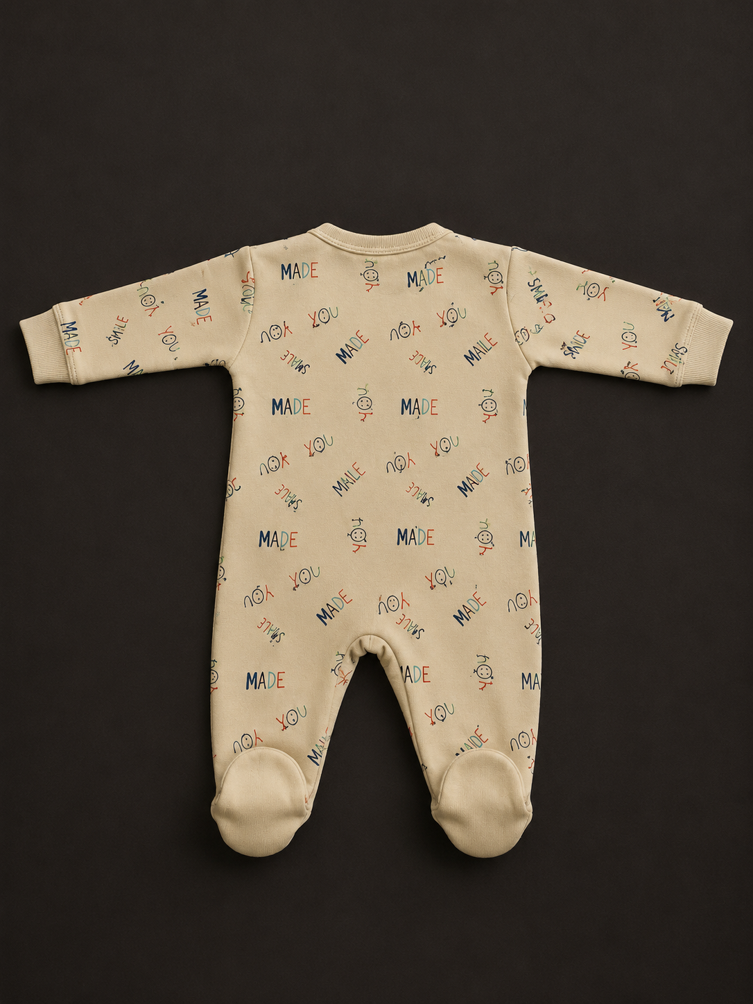 Baby Cotton Full Sleeve Footed Romper | Cream "Made for You" Print
