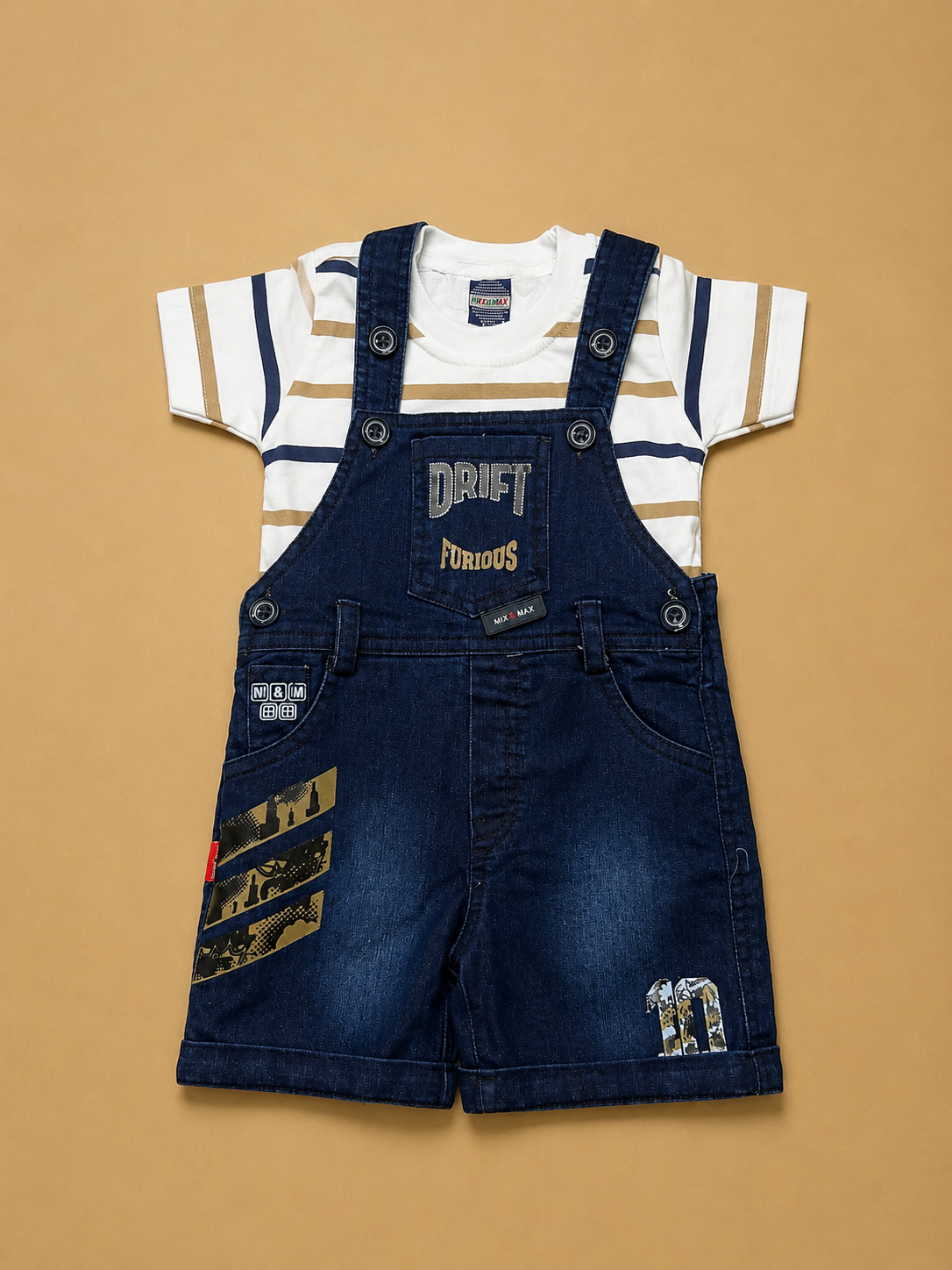 Baby Boys Denim Dungaree Shorts with Striped T-Shirt | 2-Piece Outfit