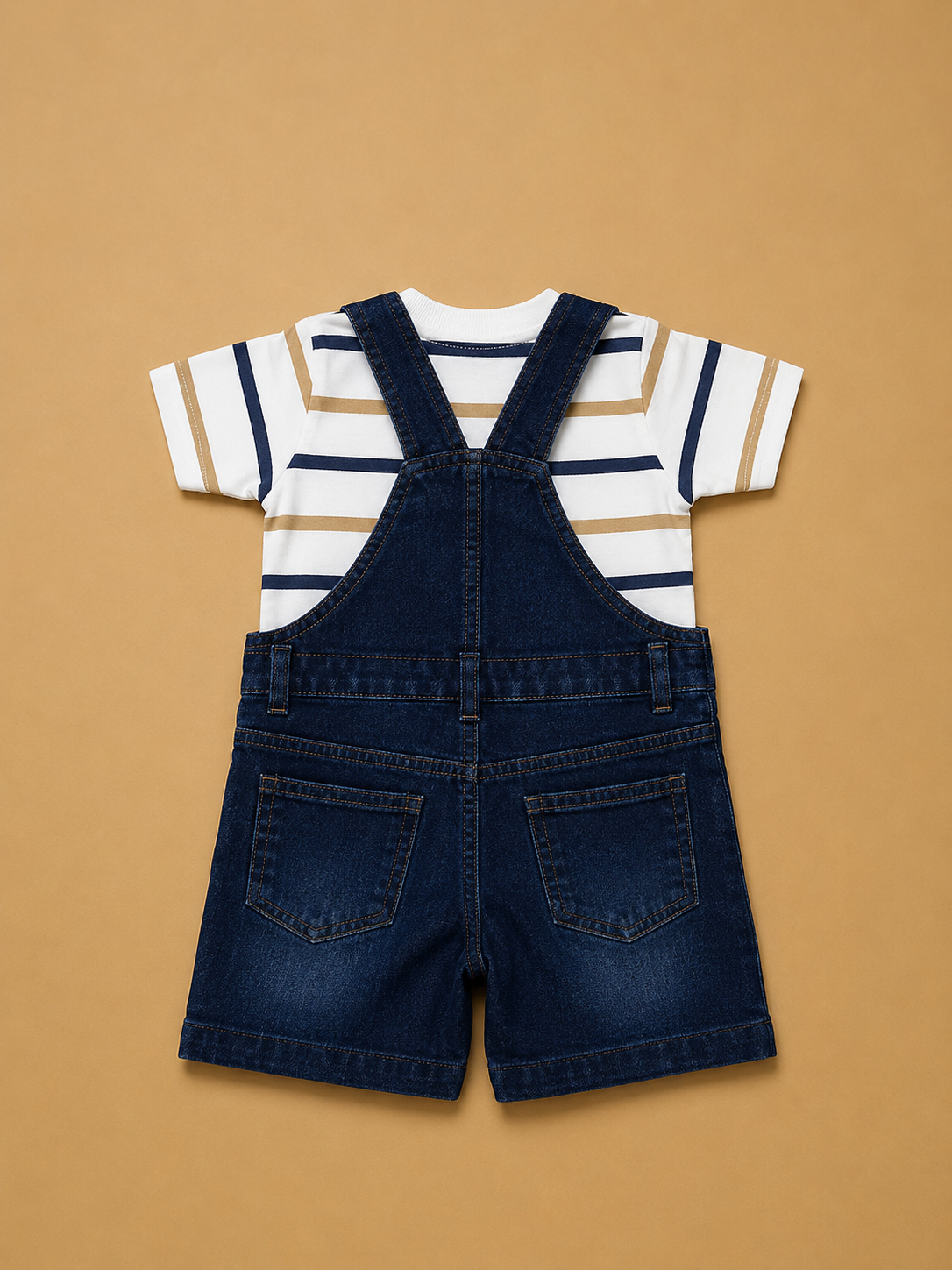 Baby Boys Denim Dungaree Shorts with Striped T-Shirt | 2-Piece Outfit