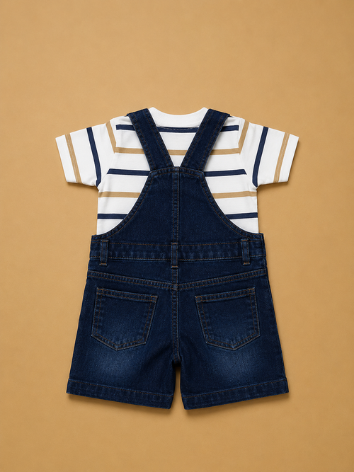 Baby Boys Denim Dungaree Shorts with Striped T-Shirt | 2-Piece Outfit