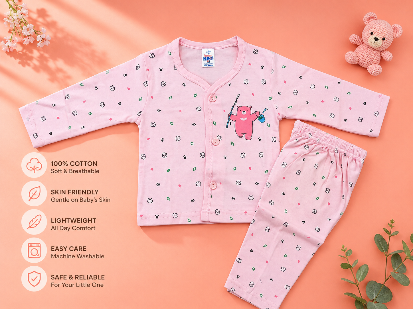 Newborn Baby 4-Piece Cotton Clothing Set | Full Sleeve Pink Gift Set | 0–3 Months
