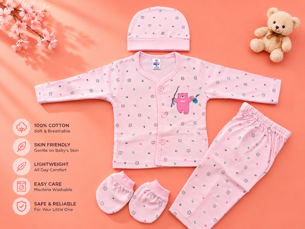 Newborn Baby 4-Piece Cotton Clothing Set | Full Sleeve Pink Gift Set | 0–3 Months