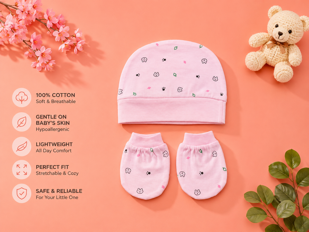 Newborn Baby 4-Piece Cotton Clothing Set | Full Sleeve Pink Gift Set | 0–3 Months
