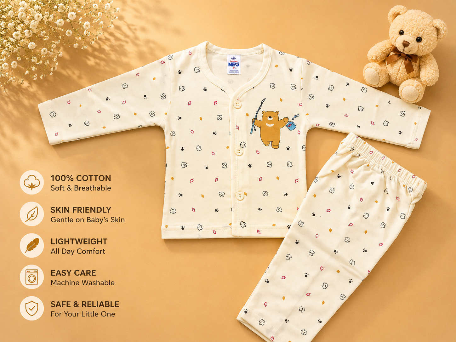 Newborn Baby 4-Piece Cotton Clothing Gift Set | Full Sleeve | light yellow | 0–3 Months