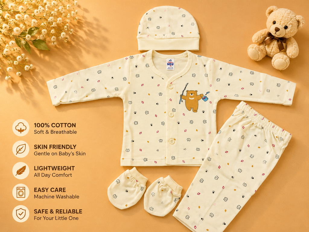 Newborn Baby 4-Piece Cotton Clothing Gift Set | Full Sleeve | light yellow | 0–3 Months