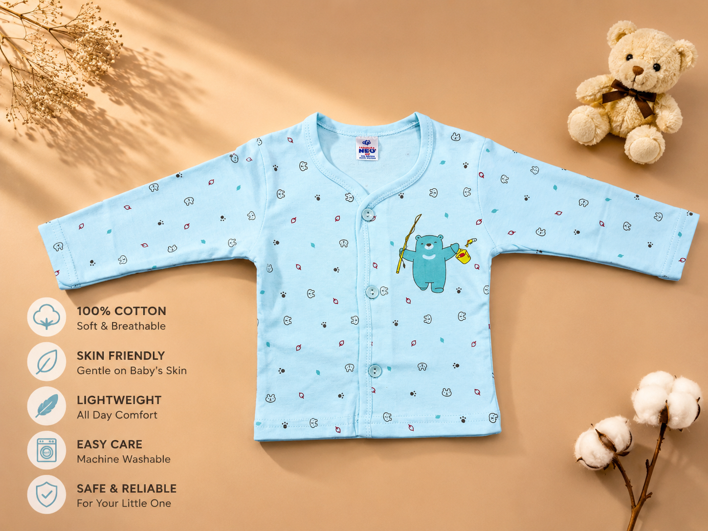 Newborn Baby 4-Piece Cotton Clothing Set | Full Sleeve Sky Blue Gift Set | 0–3 Months