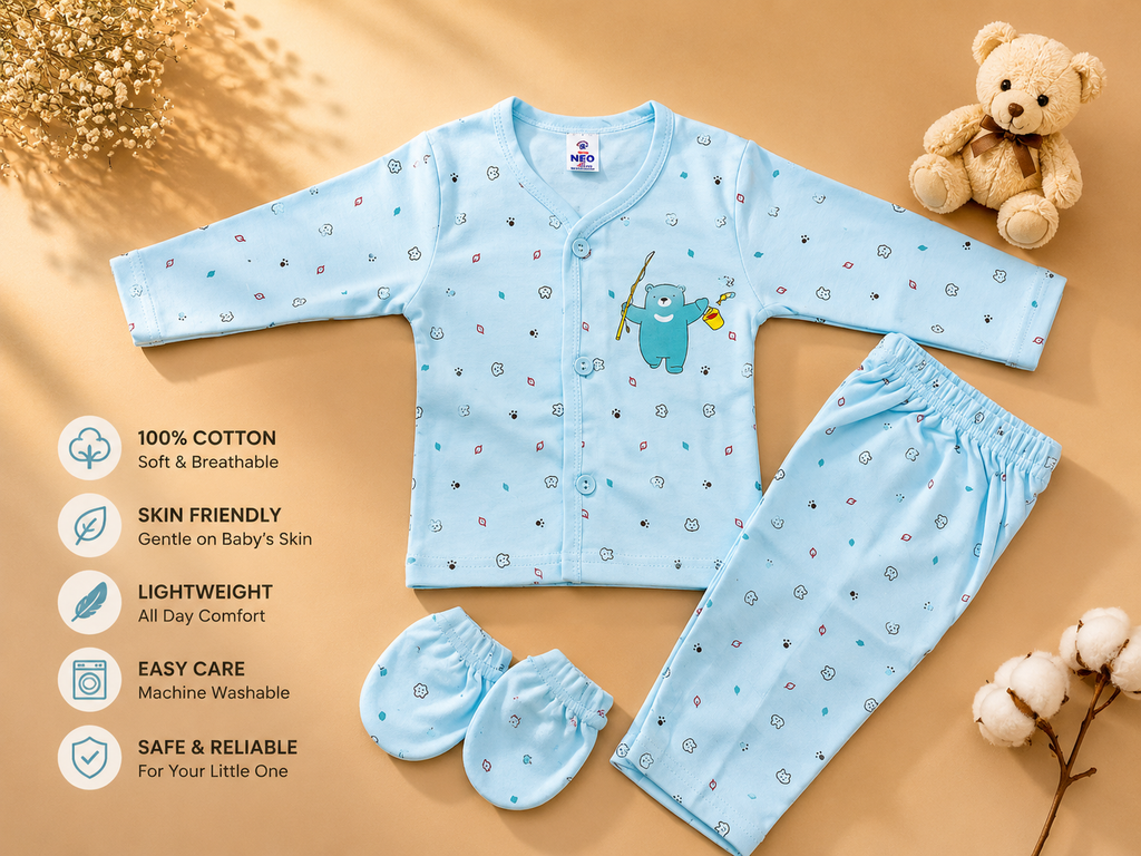 Newborn Baby 4-Piece Cotton Clothing Set | Full Sleeve Sky Blue Gift Set | 0–3 Months