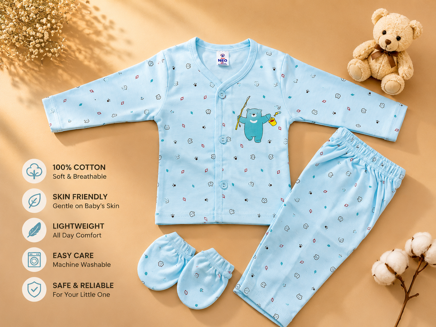 Newborn Baby 4-Piece Cotton Clothing Set | Full Sleeve Sky Blue Gift Set | 0–3 Months