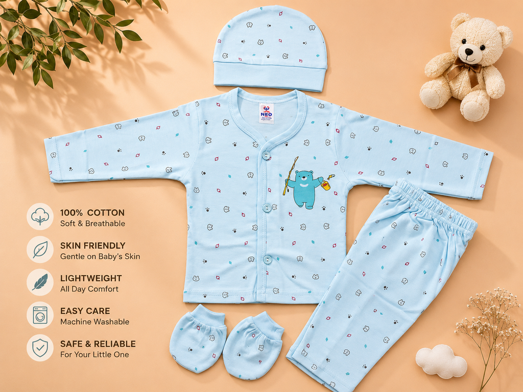 Newborn Baby 4-Piece Cotton Clothing Set | Full Sleeve Sky Blue Gift Set | 0–3 Months