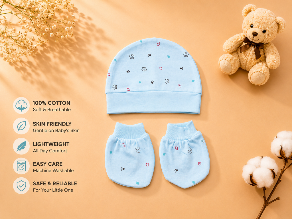 Newborn Baby 4-Piece Cotton Clothing Set | Full Sleeve Sky Blue Gift Set | 0–3 Months