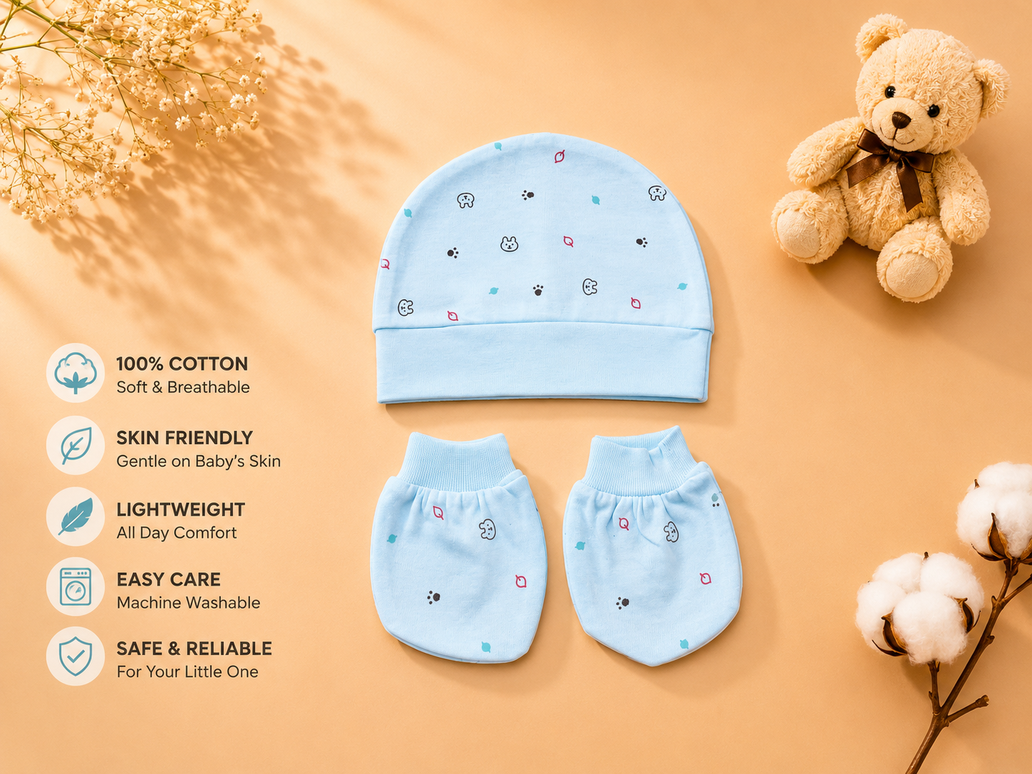 Newborn Baby 4-Piece Cotton Clothing Set | Full Sleeve Sky Blue Gift Set | 0–3 Months